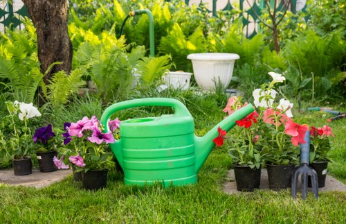 Eco-friendly lawn mowing tools in a Wimbledon garden